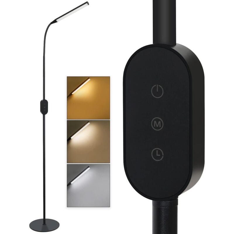 Lampadaire led Dimmable - noir 178cm moderne Tactile Lampadaire 9W avec minuterie et fonction mémoire lampe de travail flexible à col de cygne