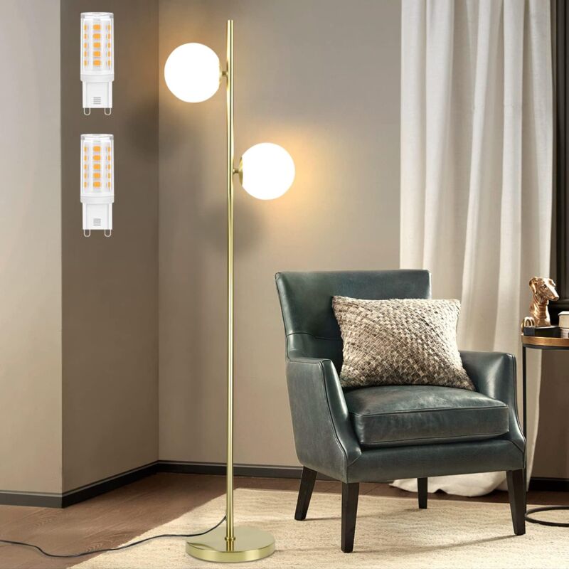 Lampadaire Moderne G9 - Or Abat-jour en verre Lampadaire Max. 25W avec interrupteur à pied pour chambre à coucher bureau lecture 166cm - ZMH