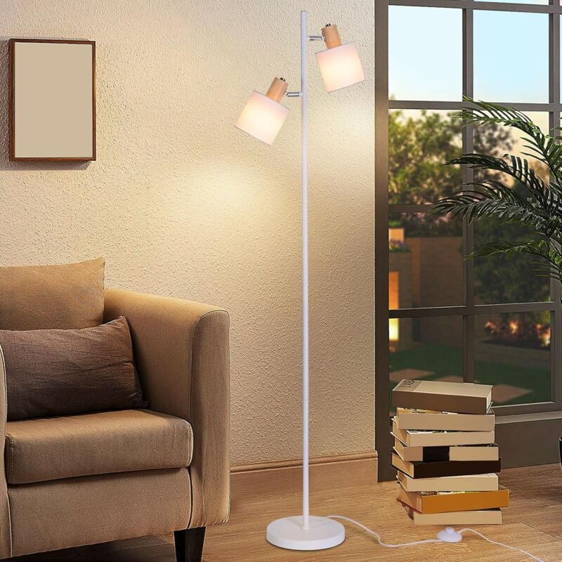 Lampadaire Salon Lampadaire Vintage - 145 cm 2 Ampoules E14 Lampadaire Abat-jour en Tissu Blanc avec Interrupteur au Pied Tissu Industriel Rétro