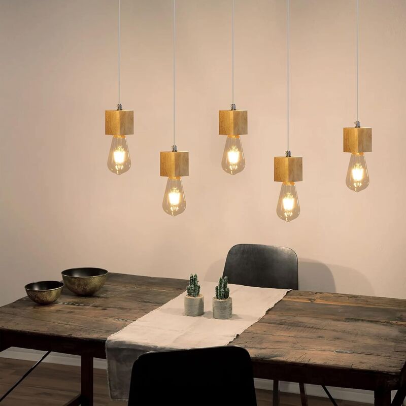 Lampe à suspension bois 5-flamme lampe de table à manger 150cm hauteur lampe suspendue réglable lampe en bois avec douille E27 pour salle à manger