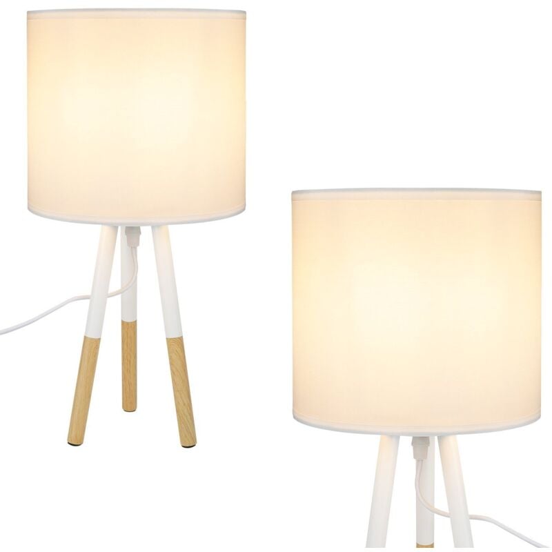 ZMH - Lampe de chevet Lot de 2 en bois Blanc E27 style rustique Petite avec abat-jour en tissu naturel lampe de table Pour Chambre à coucher Salle à