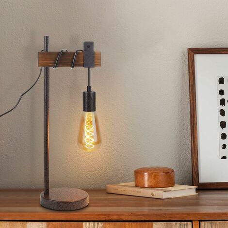 ZMH Lampe de table en bois lampe de table vintage - lampe de chevet rétro design en bois E27 câble de style rustique avec interrupteur lampe de chevet pour chambre étude bureau studio