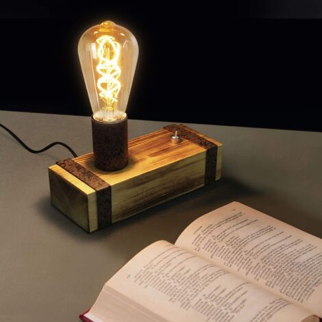 ZMH Lampe de table vintage en bois, lampe de chevet rétro E27, lampe de chevet industrielle 20 cm, lampe de nuit avec prise pour chambre, salon, bureau, sans ampoule