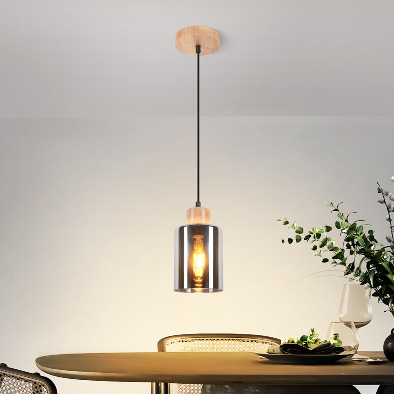 Lampe suspendue bois table à manger : Lampe de salle à manger vintage E27 Lampe de table à manger industrielle Lampe de cuisine suspendue verre fumé