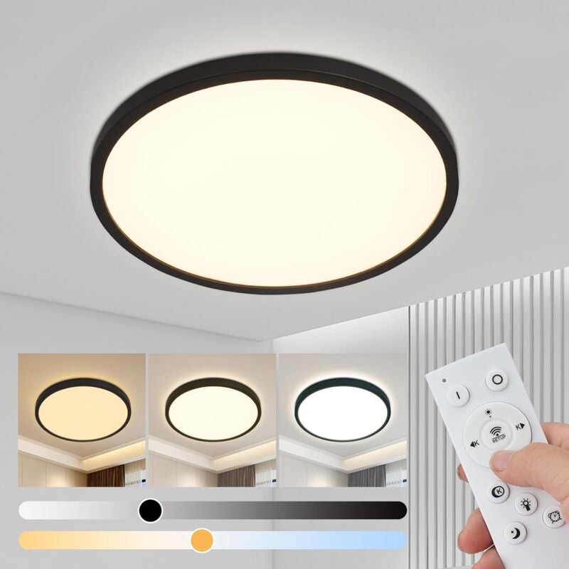 Plafonnier led Variable avec télécommande 28W Plafonnier rond noir plat 3000-6500K Ultra fin pour cuisine salon couloir chambre salle de bain bureau,