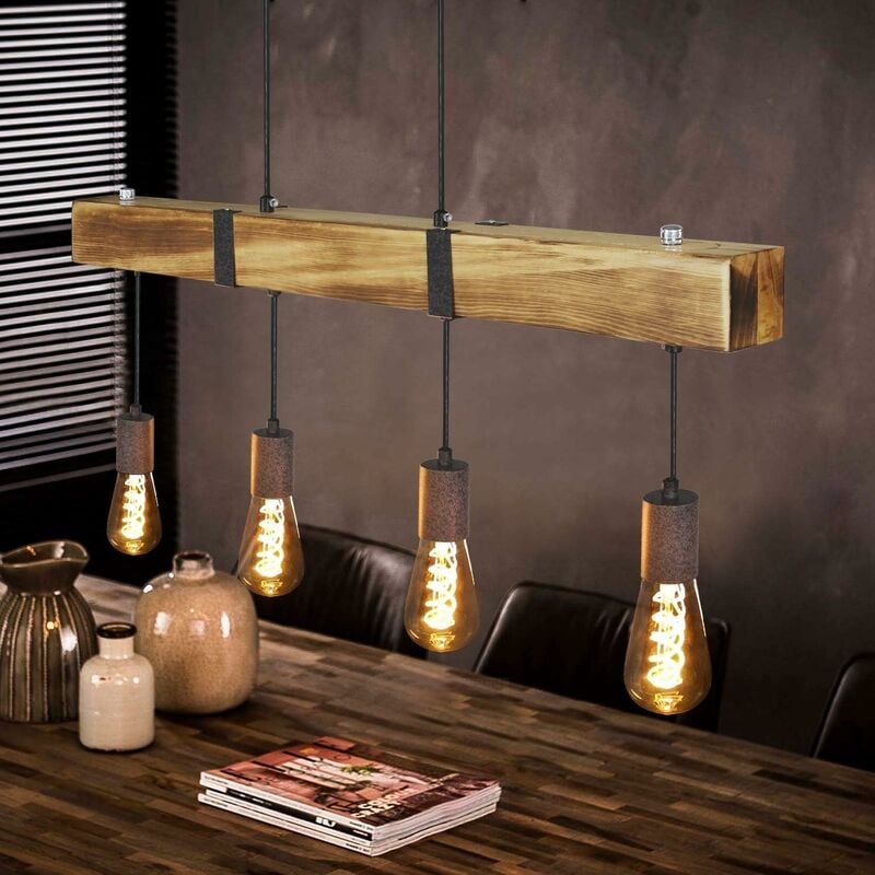 Suspension vintage lampe de table à manger en bois rétro avec poutres en bois 80CM, 4 x E27 max. 25 watts, Suspension industrielle réglable en