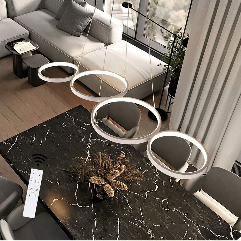 ZMH LED Dimmbar Pendelleuchte Modern 4 Flammig Esstischlampe Weiss Schlafzimmerlampe 54W in Ringoptik, 150cm Hoehenverstellbar Buero Haengelampe aus