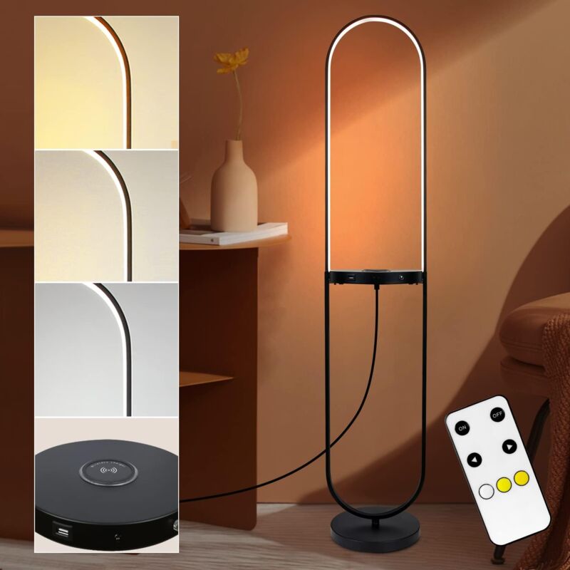 ZMH LED Lampadaire Rechargeable Sans Fil Noir - Moderne Dimmable Télécommande Étagère avec port USB Métal Lampe sur pied pour chambre bureau