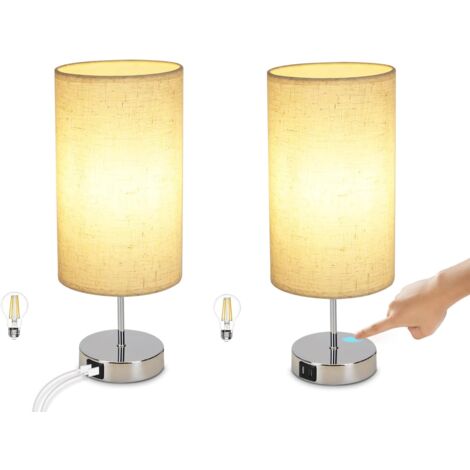 ZMH Lot de 2 Lampe de Chevet -Touch Dimmable E27 Avec Chargeur USB Chrome Avec Abat-jour en Tissu Pour Chambre à Coucher, Salon, Table de Che