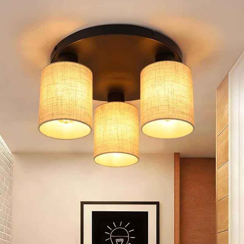 ZMH Luminaire Plafonnier 3 Rayons Lumineux Noire Classique E27 Abat-Jour en Tissu Rond Boho Traditionnel Rustique Pour Couloir Chambre Cuisine Salle