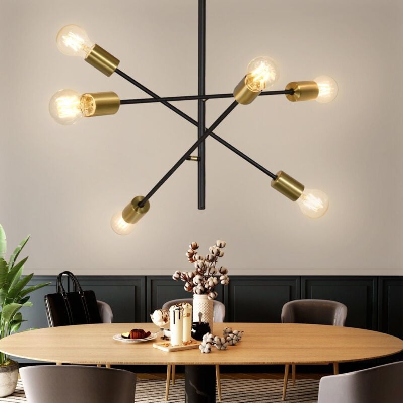 Lustre de Plafond pour Salon - Suspension Vintage avec 6 Lampes E27 Noires et Dorées, Luminaire de Cuisine et Salle à Manger de Style Industriel.
