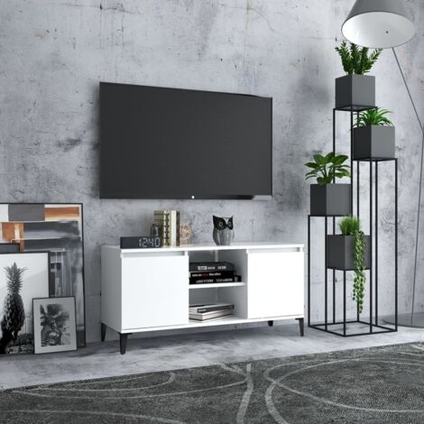 ZMH Meuble TV avec pieds en métal Blanc 103,5x35x50 cm