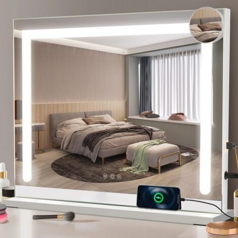 ZMH Miroir à maquillage Éclairage 80 x 60 cm Miroir de vanity Lumière LED Tactile Dimmable 3 modes Couleur 5x Grossissement USB Pour Chambre