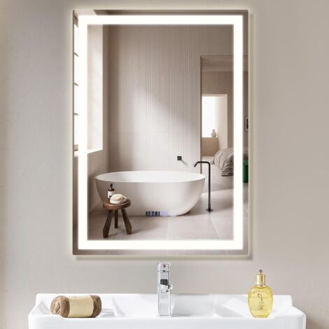 ZMH Miroir de salle de bain avec éclairage - LED 60x80 cm Miroir mural de salle de bain IP44 avec interrupteur tactile et horloge Fonction antibuée Miroir lumineux à intensité variable 3000K-6500K