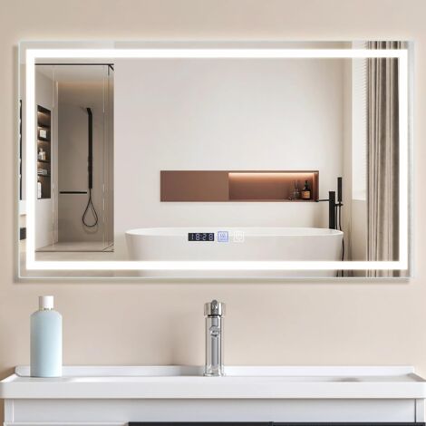 ZMH Miroir de salle de bain avec éclairage- Miroir de salle de bain LED 100x60 cm Miroir mural de salle de bain IP44 avec interrupteur tactile et horloge Miroir lumineux antibuée Dimmable 3000K-6500K