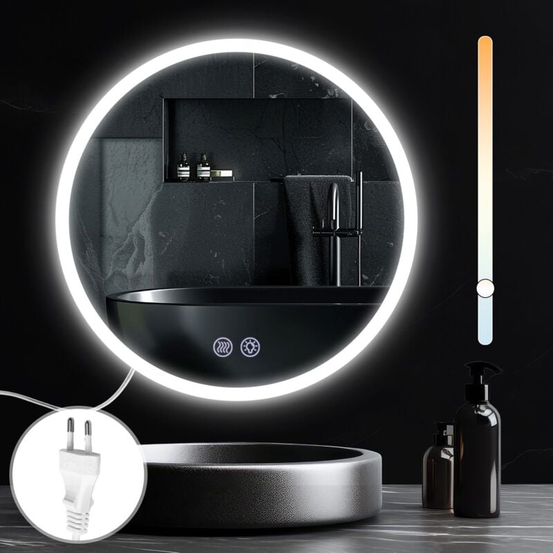 ZMH - Miroir de salle de bain, miroir de salle de bain avec éclairage - Miroir mural rond led 70 cm, miroir de salle de bain avec interrupteur