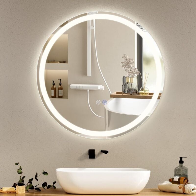 ZMH Miroir de salle de bain Rond - 50x50cm avec éclairage LED Miroir de salle de bain - Variable 3000K-6500K - avec Bouton Tactile Intelligent - IP44