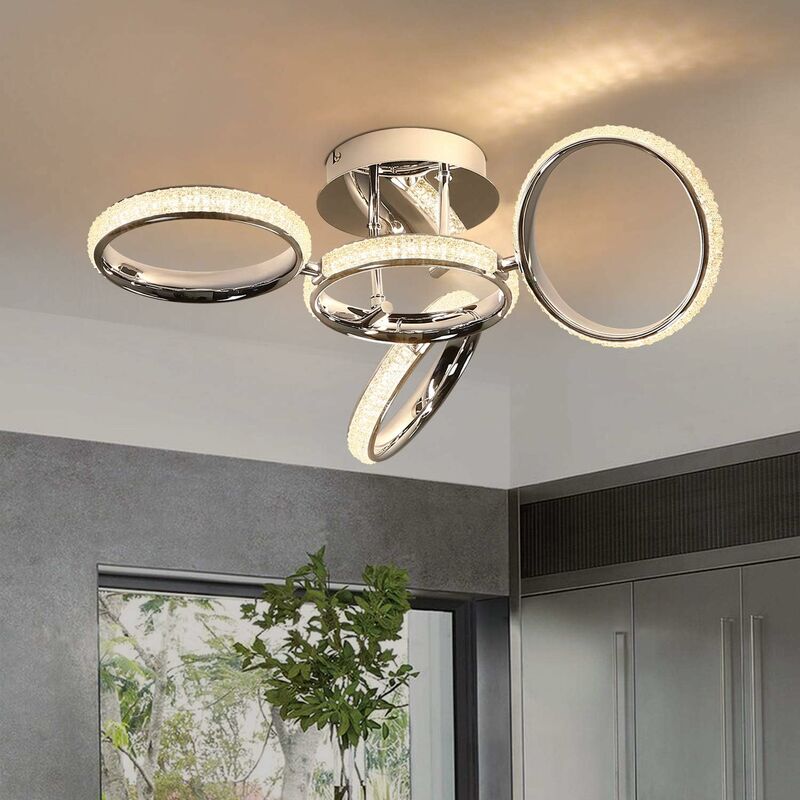 ZMH Modern Deckenleuchte LED Deckenlampe Wohnzimmer 39W Warmweiss an Decke Kristall Lampe Kronleuchter in 4-drehbaren Ring Design fuer Flur