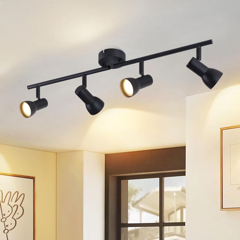 ZMH Noir Plafonnier Moderne, Spot de plafond 4 flammes Plafonnier Salon - Spot Intérieur Métal GU10 Spots de plafond 350°Pivotant Spots pour Chambre