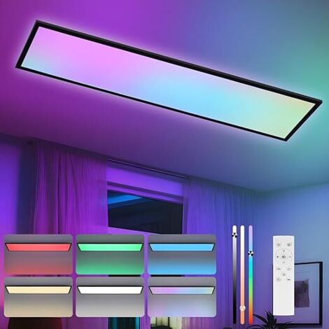 ZMH Panneau LED 120x30 Dimmable Panneau plafond long RGB Changement couleur Bureau Plat Télécommande 39W Noir Grand Rectangulaire Pour salle de jeu Salon