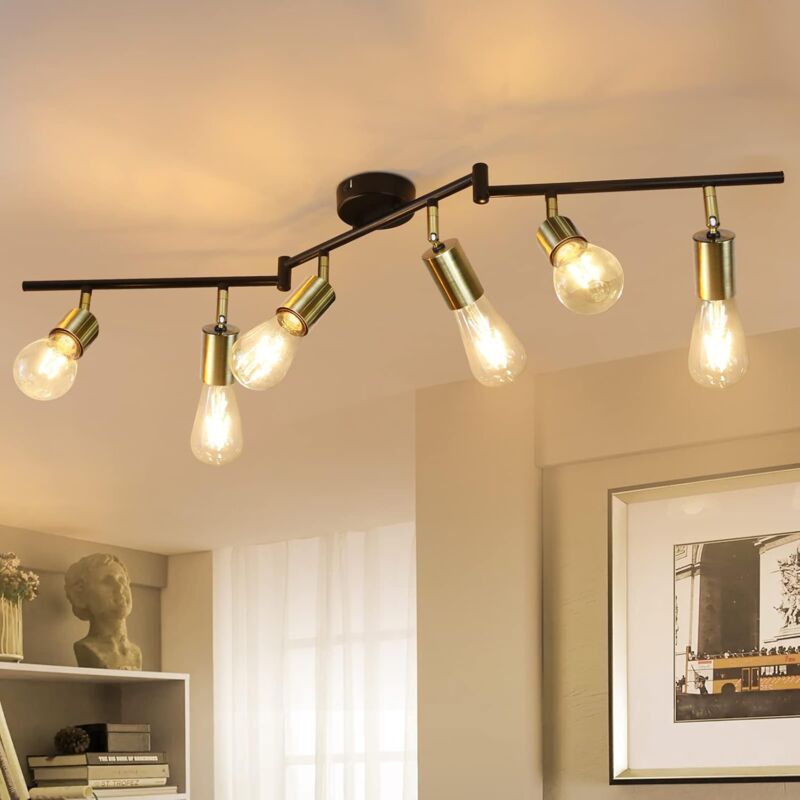 ZMH plafonnier plafonnier vintage noir - spot de plafond à 6 flammes salon E27 spot rétro or noir en métal spots de plafond industriel pour cham