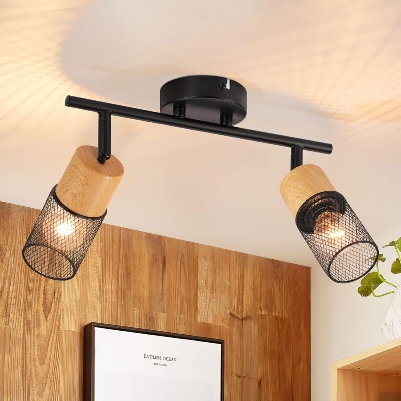 ZMH - Plafonnier 2 Ampoules Spot de Plafond : Plafonnier Vintage Spots en Bois Orientables à 350° Spots de Plafond E14 Lampe de Cuisine Spot Mural