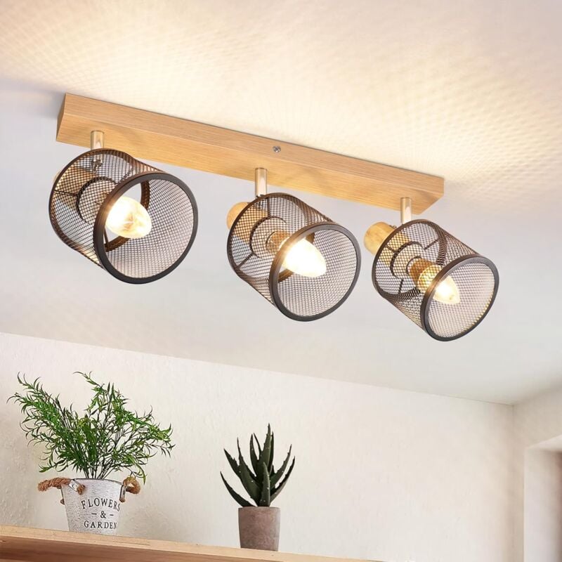 ZMH - Plafonnier 3 Spot E14 Noir - Bois Vintage Pivotant 350° Spot de plafond pour chambre à coucher couloir salon cuisine MAX.25W - Sans ampoule