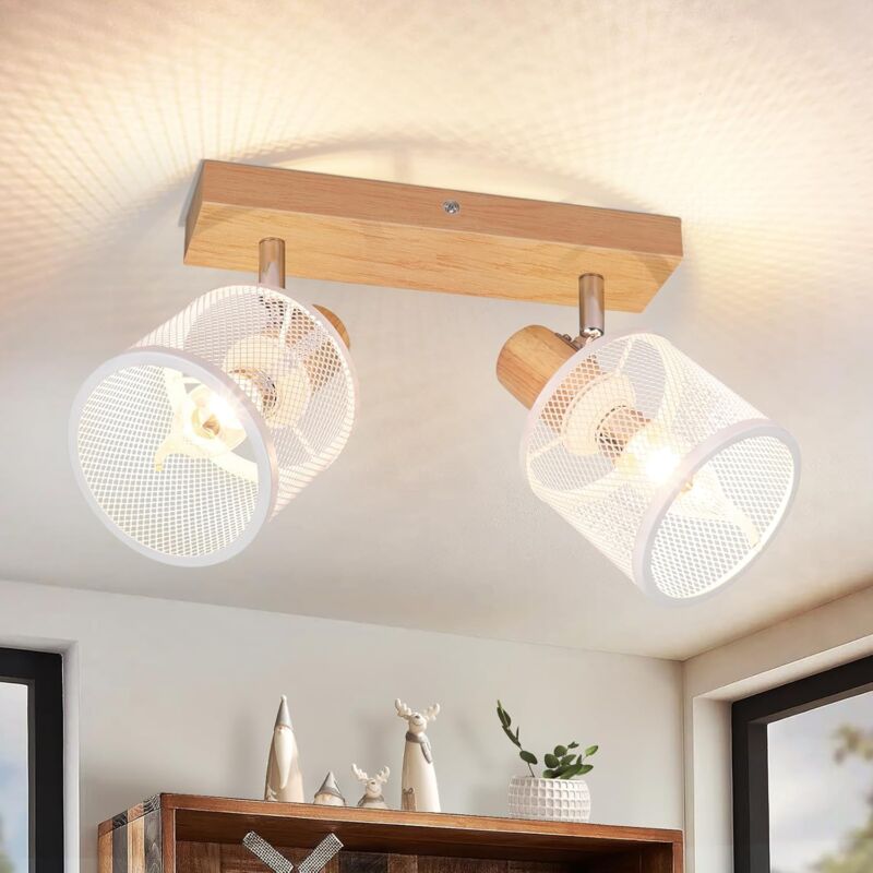 ZMH - Plafonnier 2 Spot E14 Blanc - Bois Vintage Pivotant 350° Spot de plafond pour chambre à coucher couloir salon cuisine MAX.25W - Sans ampoule
