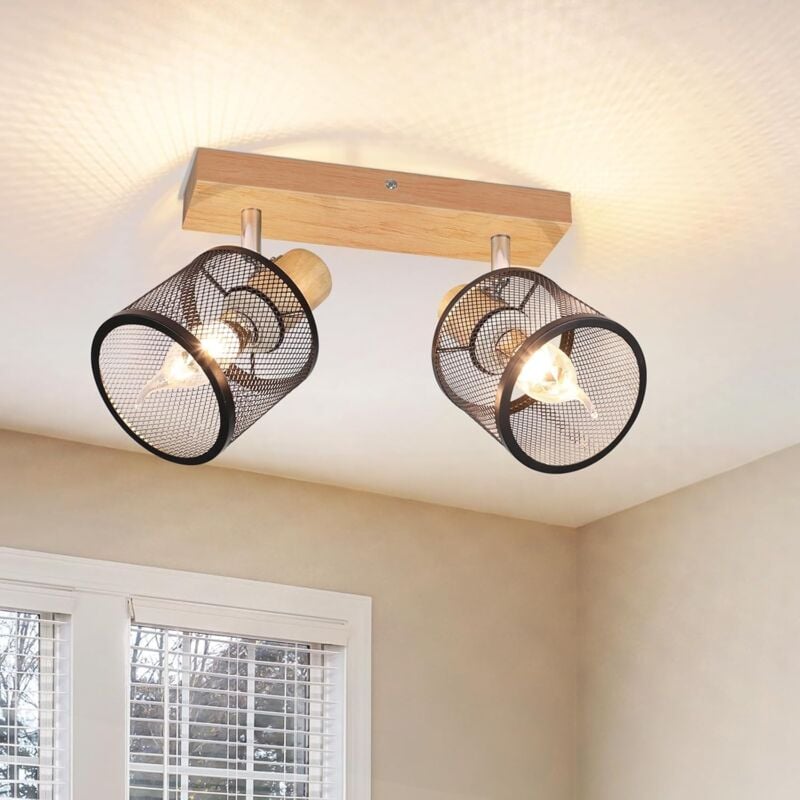 ZMH - Plafonnier 2 Spot E14 Noir - Bois Vintage Pivotant 350° Spot de plafond pour chambre à coucher couloir salon cuisine MAX.25W - Sans ampoule