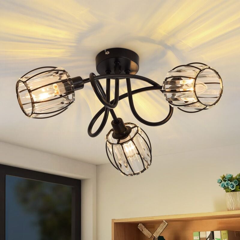 Plafonnier 3 Flammes Lampe de plafond Vintage - Spot de plafond Retro Abat-jour en cristal Noir Lampe de plafond Design environnant 350° pivotant