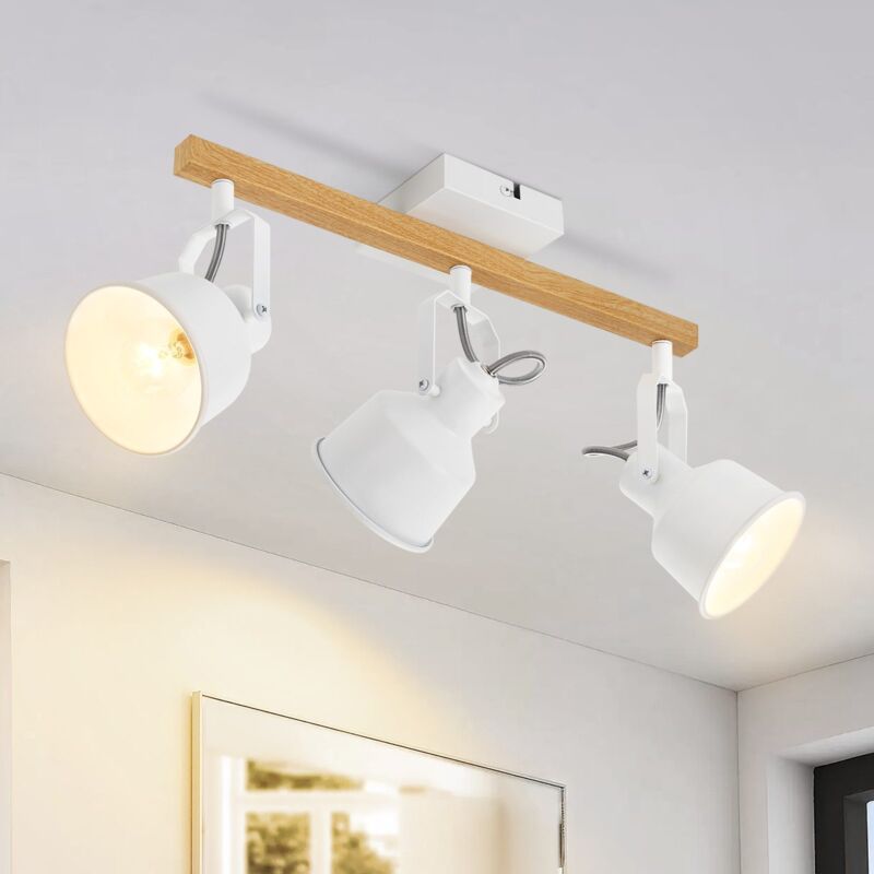 Plafonnier 3 Spots de plafond blanc : plafonnier vintage orientable 350° MAX.25W douille E14 industriel grain bois spot bar pour salon chambre bureau