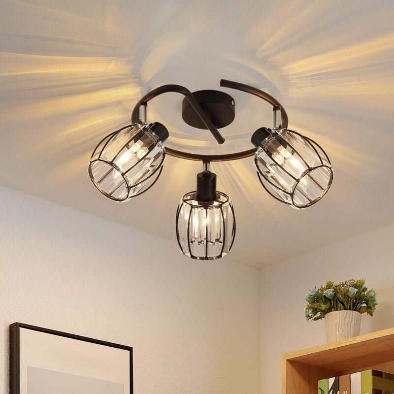 Plafonnier 3flammig Lampe de plafondintage - Spot de plafond Cristal Abat-jour Noir Rond Retroprojecteur E14 Noir 350°Pivotant Lampe de cuisine pour