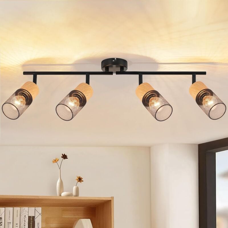 Plafonnier 4 Ampoules Spot de Plafond : Plafonnier Vintage Spots en Bois Orientables à 350° Spots de Plafond E14 Lampe de Cuisine Spot Mural Rétro