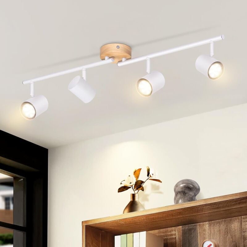 Plafonnier 4 Spot GU10 - Moderne Bois Blanc Orientable 350° Lampe de Salon pour Chambre Couloir Cuisine MAX.25W - Sans ampoule - ZMH