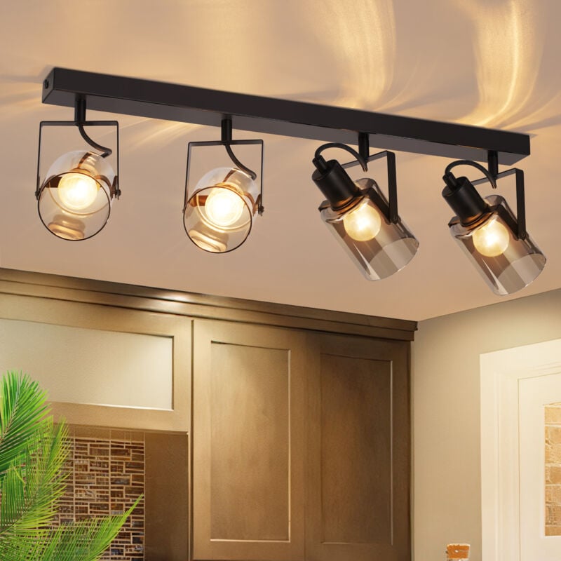 Plafonnier 4 Spots E14 Vintage Gris Fumée Verre Cylindre Orientable 350°Spot de plafond pour salon hall chambre cuisine - ZMH