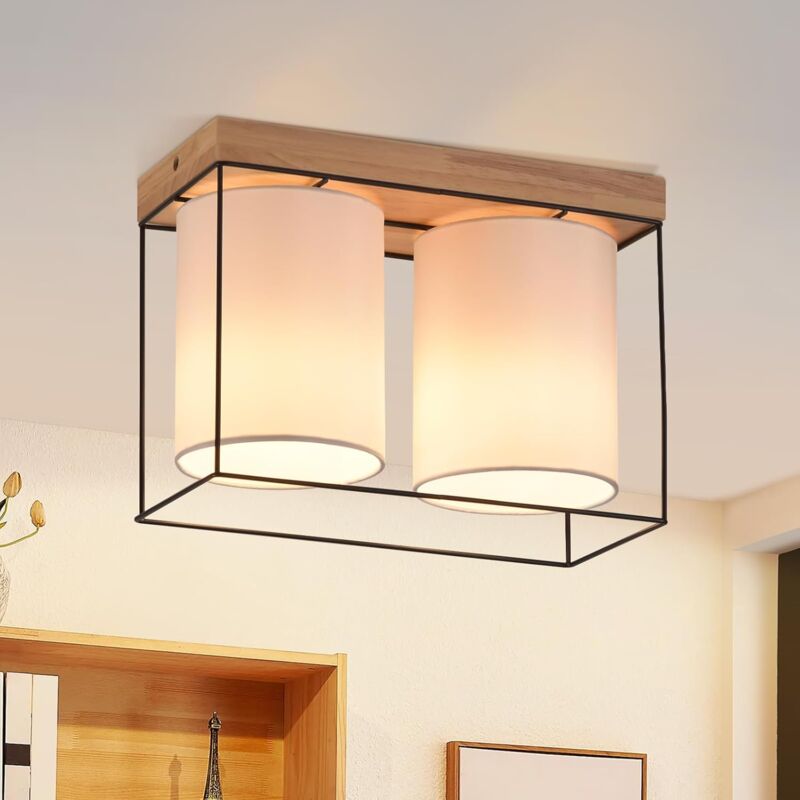Plafonnier Chambre Plafonnier Vintage - 2 Ampoules E14 Lampe de Cuisine en Bois avec Abat-Jour en Tissu Lampe de Chambre Rétro Industrielle pour