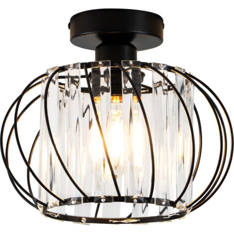 ZMH Plafonnier Couloir Cristal - Lampe Couloir Vintage, Cuisine, Balcon, Salon - E27, Cadre Métal Noir Moderne, Plafonnier Intérieur (Sans Ampoule)