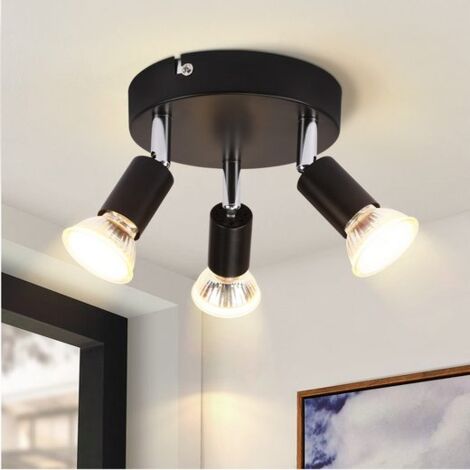 ZMH plafonnier LED, 3 spots pivotants, Spot de plafond Orientable 350° Rond, GU10, éclairage plafond chambre, salon salle à manger cuisine, noir