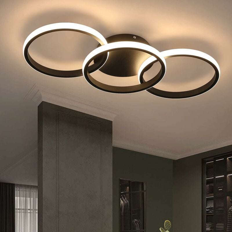 Plafonnier led Design Salon - Noir Éclairage de Plafond avec 3 Anneaux Lustre Chambre Moderne 3000K Lumière Blanc Chaud Luminaires Intérieur pour