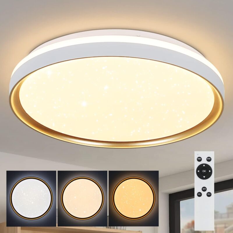 ZMH - Plafonnier led Dimmable avec Télécommande - Ø40cm Rond Salon Design Etoilé Moderne 21W Chambre à Coucher Blanc Or Plafonnier pour Cuisine Salle