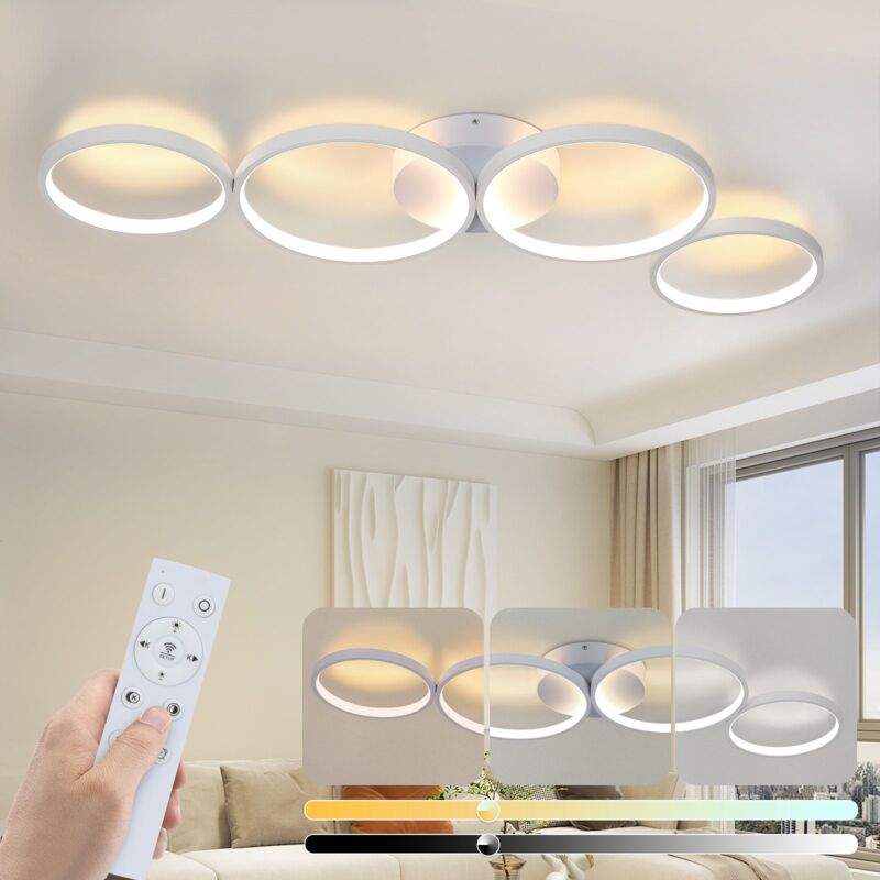 Plafonnier led Lampe de plafond Salon : 100cm Lampe de salon Dimmable 4-Anneaux Moderne Lampe de chambre 56W Blanc Éclairage de plafond avec