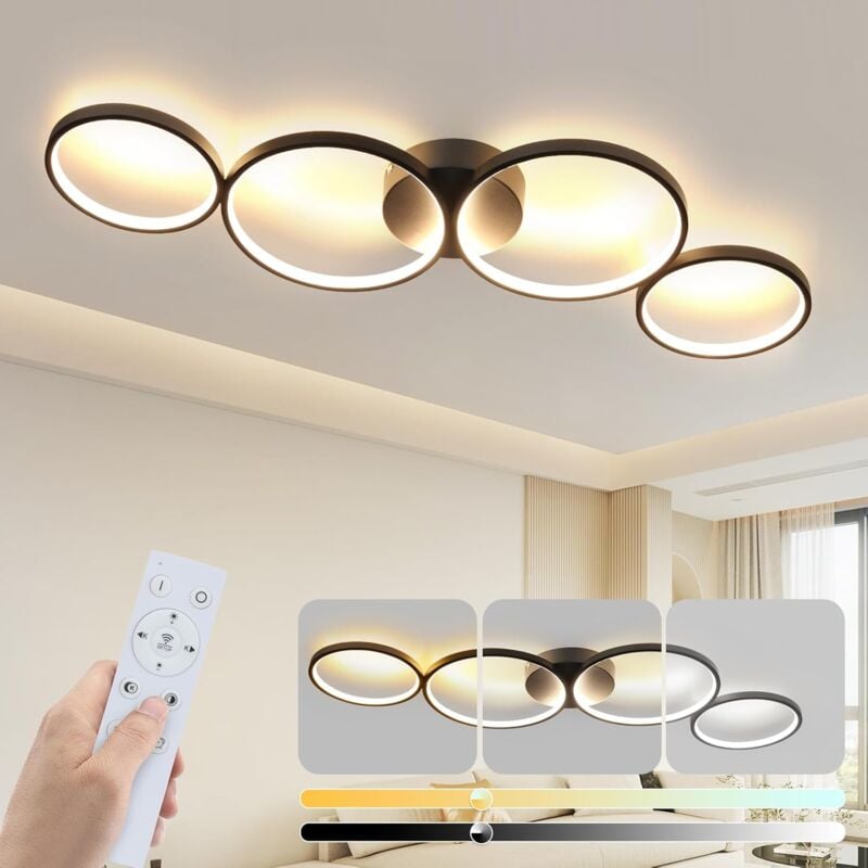 Plafonnier led dimmable à 4 ampoules moderne avec anneau rond noir de 55W Livré avec télécommande idéal pour chambre salon bureau et cuisine - ZMH