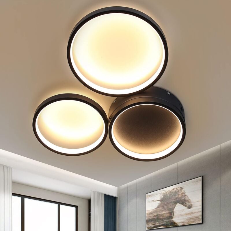 Plafonnier led Noir, Moderne Lampe de Plafond 22W Blanc Chaud 3000K 3 Anneaux Design Lumière Cave Plafonnier Éclairage Décoratif Luminaire Plafonnier