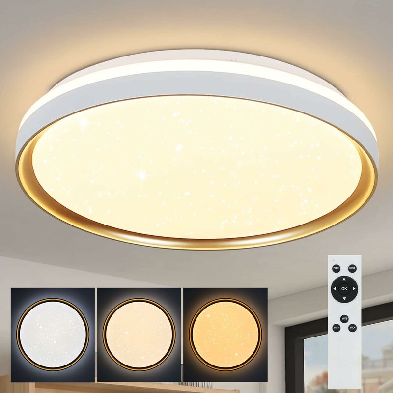 Plafonnier led Dimmable avec Télécommande - Ø40cm Rond Salon Design Etoilé Moderne 21W Chambre à Coucher Blanc Or Plafonnier pour Cuisine Salle à