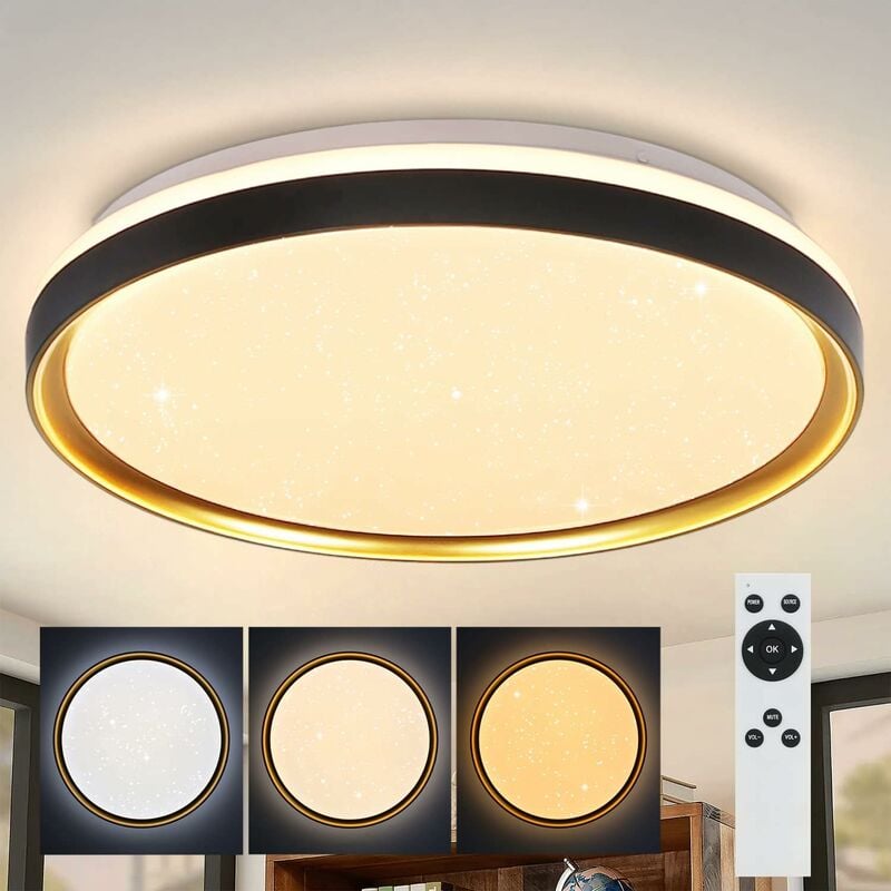 Plafonnier led Dimmable avec Télécommande - Ø40cm Rond Salon Design Etoilé Moderne 21W Chambre à Coucher Noir Or Plafonnier pour Cuisine Salle à