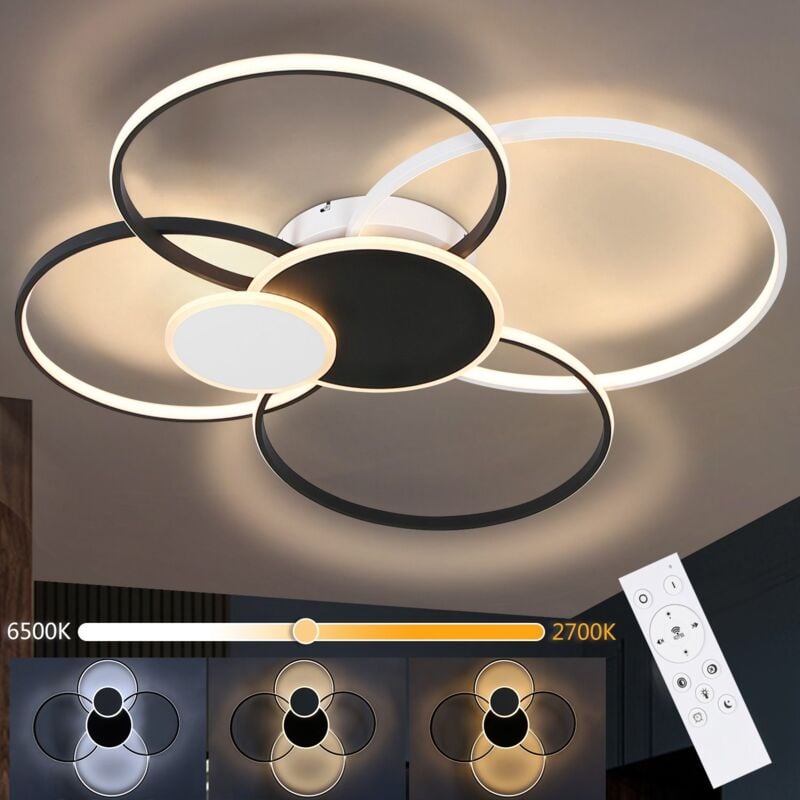 Plafonnier Led Plafonnier Dimmable - Noir et Blanc Round 94CM Grand Lumière Métal et Acrylique Moderne 72W Anneau Design Éclairage avec Télécommande