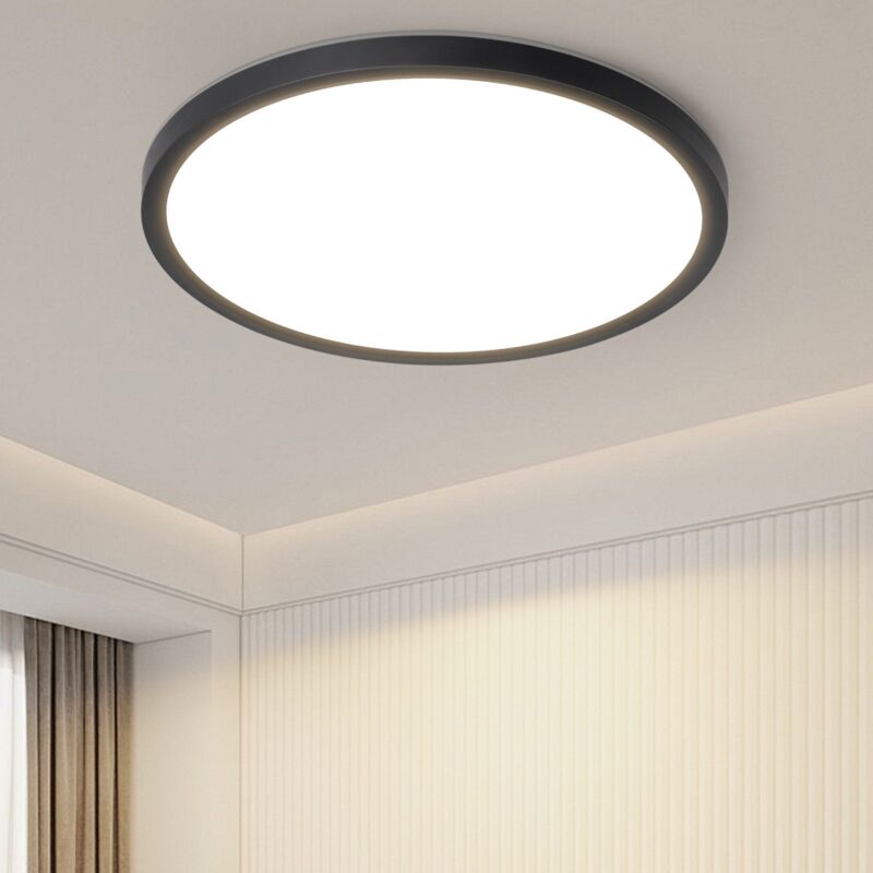 Plafonnier led Plafonnier Salle de Bain IP44 - Diamètre 22 cm Lampe de Salle de Bain Plate 18W Lampe de Couloir Noir Éclairage de Plafond de Cuisine