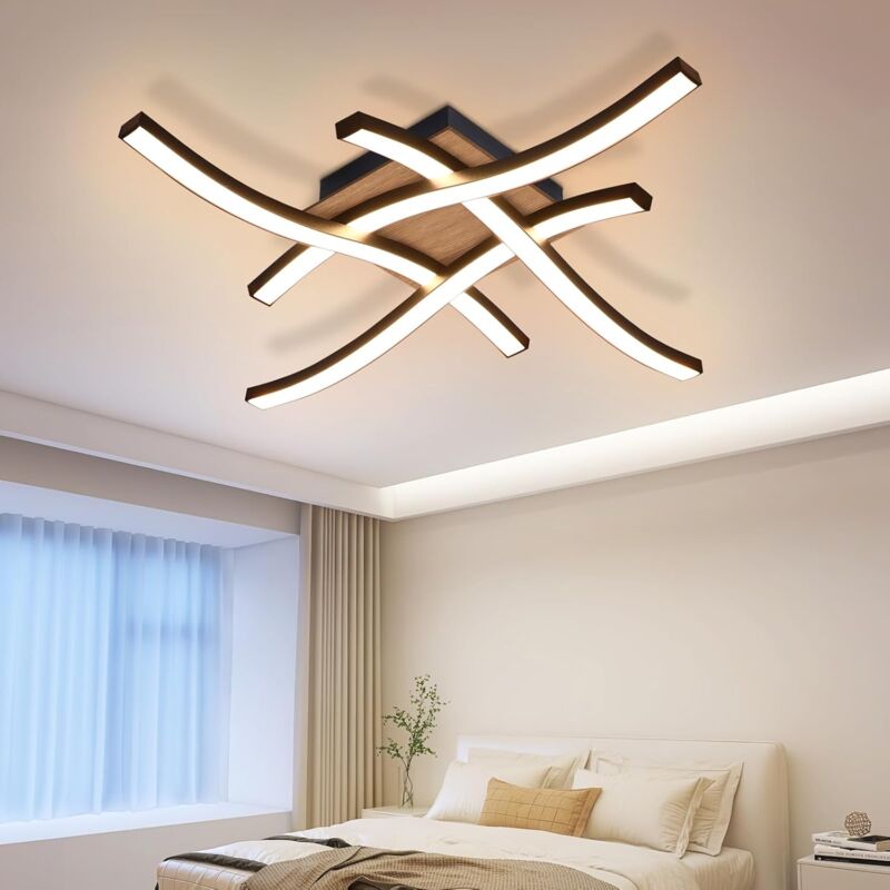 ZMH - Plafonnier led Plafonnier Salon - 24W Lampe de Salon en Bois 3000K Blanc Chaud Design Moderne Lampe de Chambre Lampe de Cuisine en Métal Noir