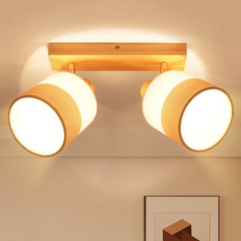 Gbly Lampe de plafond led 2 flammes Spot de plafond - Lampe de couloir en bois Culot E14 Lampe de plafond Vintage Tissu Orientable 350° Spot de