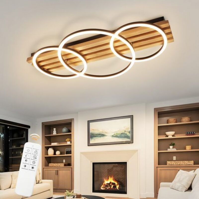 Plafonnier led réglable en bois - 70 cm, 46 w, Design moderne 3 anneaux, Illumination plafond avec télécommande - Pour salon, chambre noire, bureau,